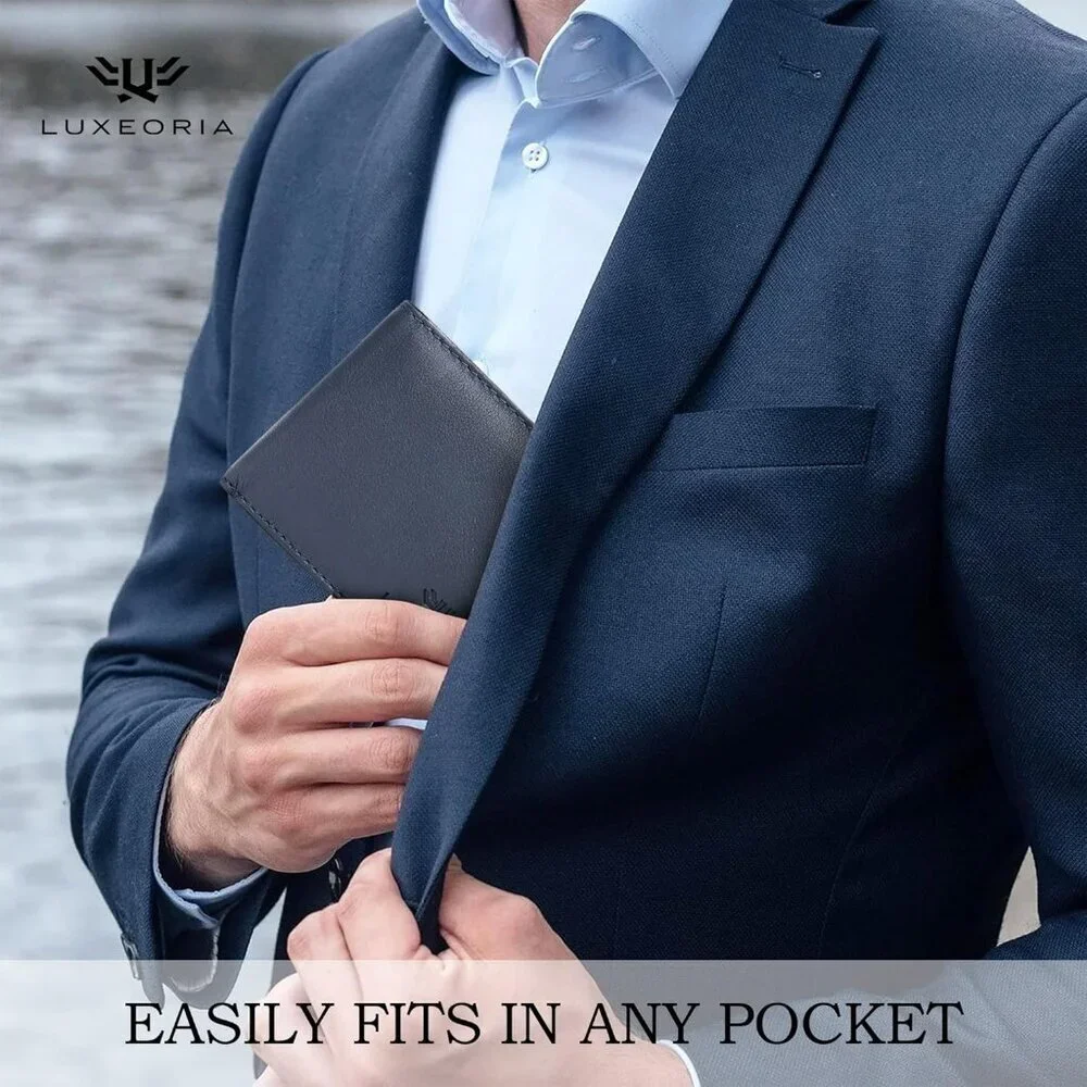Men's Fashion Genuine Leather Slim Bifold Navy Wallet Card Stylish Blocking